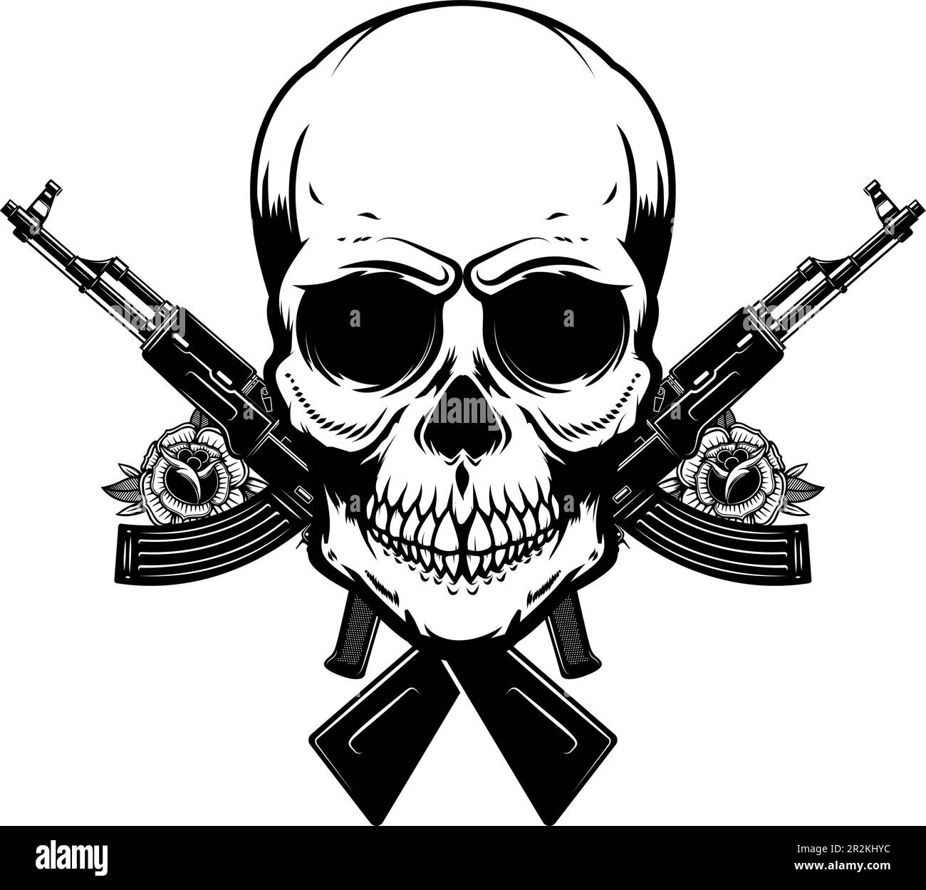 Illustration of the skull with crossed assault rifles. Design element for logo, label, sign, emblem. Vector illustration, Illustration of the skull wi Stock Vector