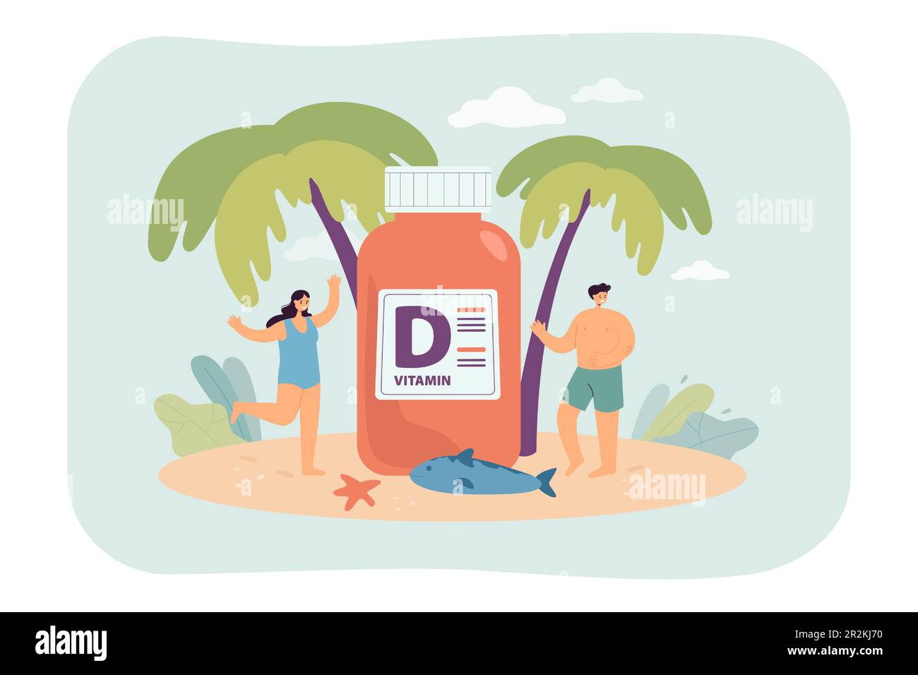 People on beach with huge vitamin D supplement Stock Vector