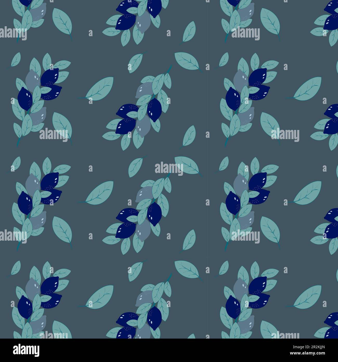 Seamless vector pattern blue lemons on branches on a dark blue background.Vector EPS10 Stock Vector