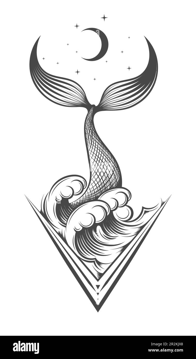 Fish tail in the ocean with star and big waves hand drawn, esoteric  astrological symbol tattoo isolated on white. Vector illustration Stock Vector