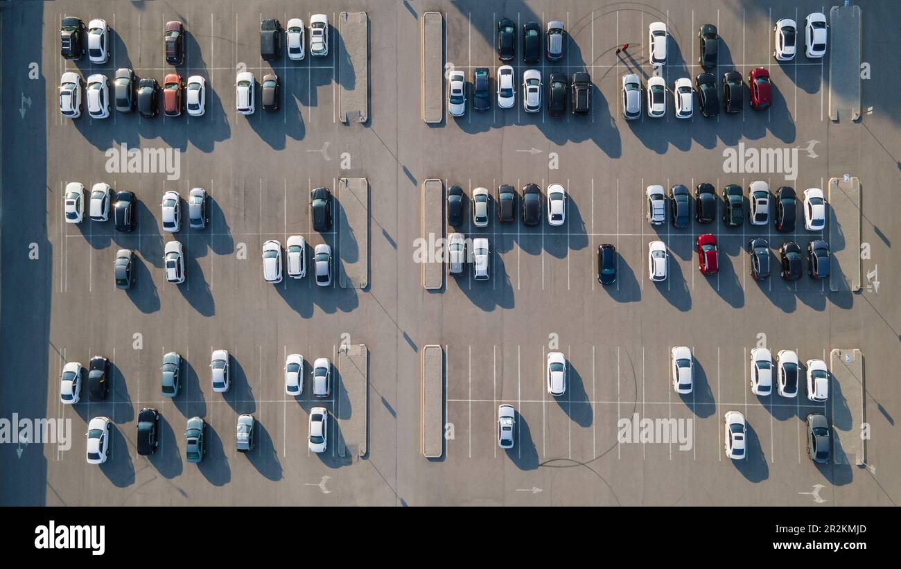 Almaty, Kazakhstan May 4, 2023 Cars stand randomly in the parking lot. View from above Stock
