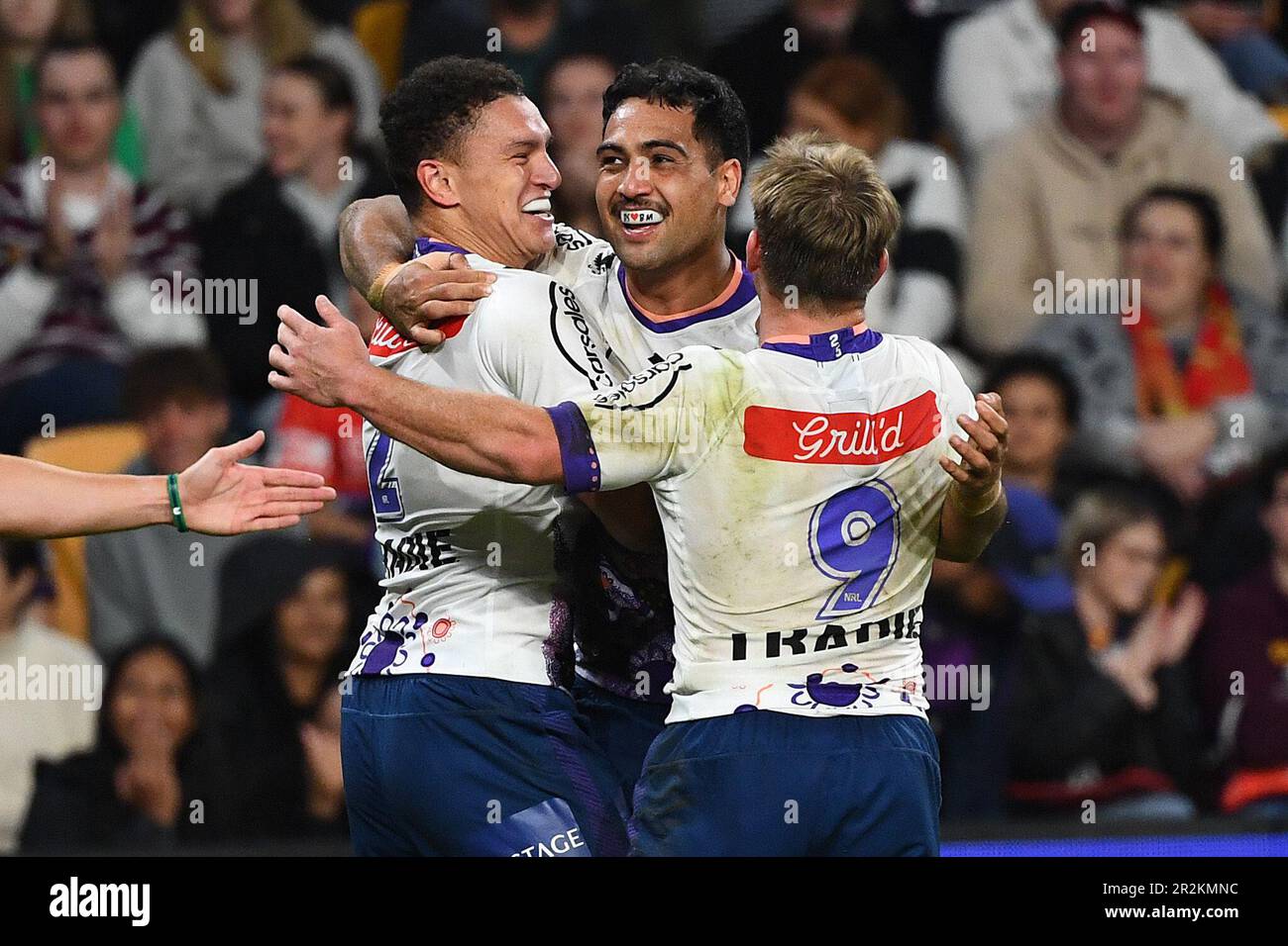 Reimis Smith of the Storm scores a try during the NRL Round 12 match  between the Redcliffe Dolphins and the Melbourne Storm at Suncorp Stadium  in Brisbane, Saturday, May 20, 2023. (AAP