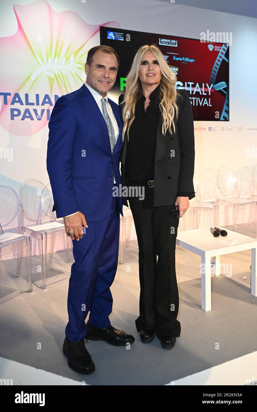 Cannes, France. 14th May, 2023. 76th Cannes Film Festival 2023, Press conference to present the Filming Italy Sardegna Festival Pictured: Pino Quartullo, Tiziana Rocca Credit: Independent Photo Agency/Alamy Live News Stock Photo