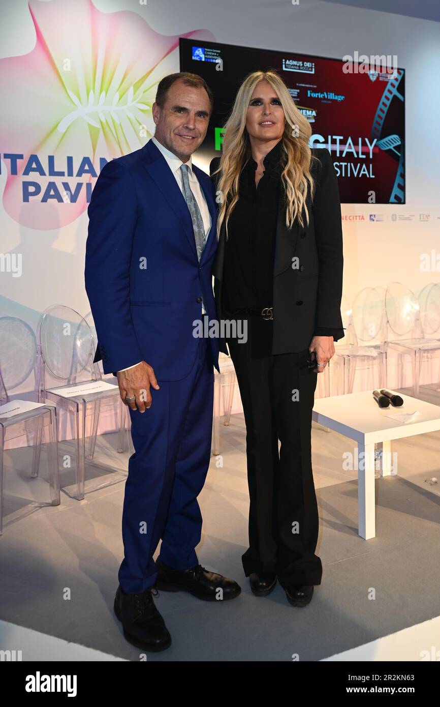 Cannes, France. 14th May, 2023. 76th Cannes Film Festival 2023, Press conference to present the Filming Italy Sardegna Festival Pictured: Pino Quartullo, Tiziana Rocca Credit: Independent Photo Agency/Alamy Live News Stock Photo