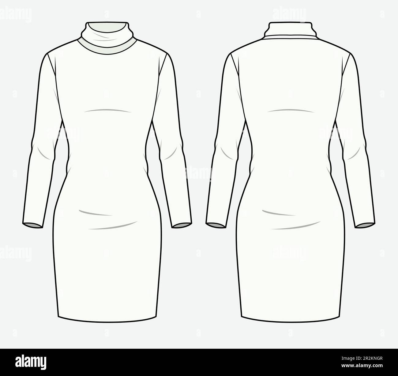 Women's turtle neck long sleeve bodycon midi dress front and back view technical flat sketch vector template. Stock Vector