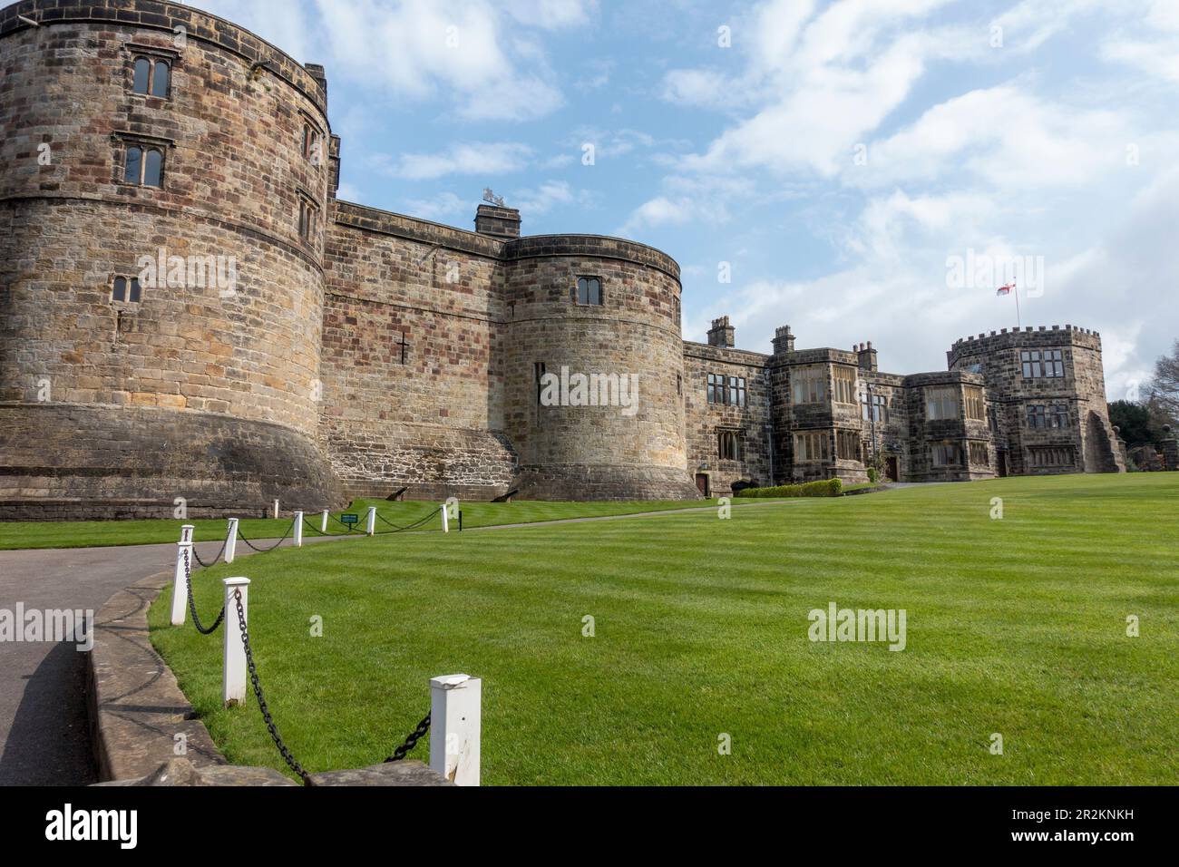 Medieval Keep with Tudor Wing on right at Skipton Castle in Skipton