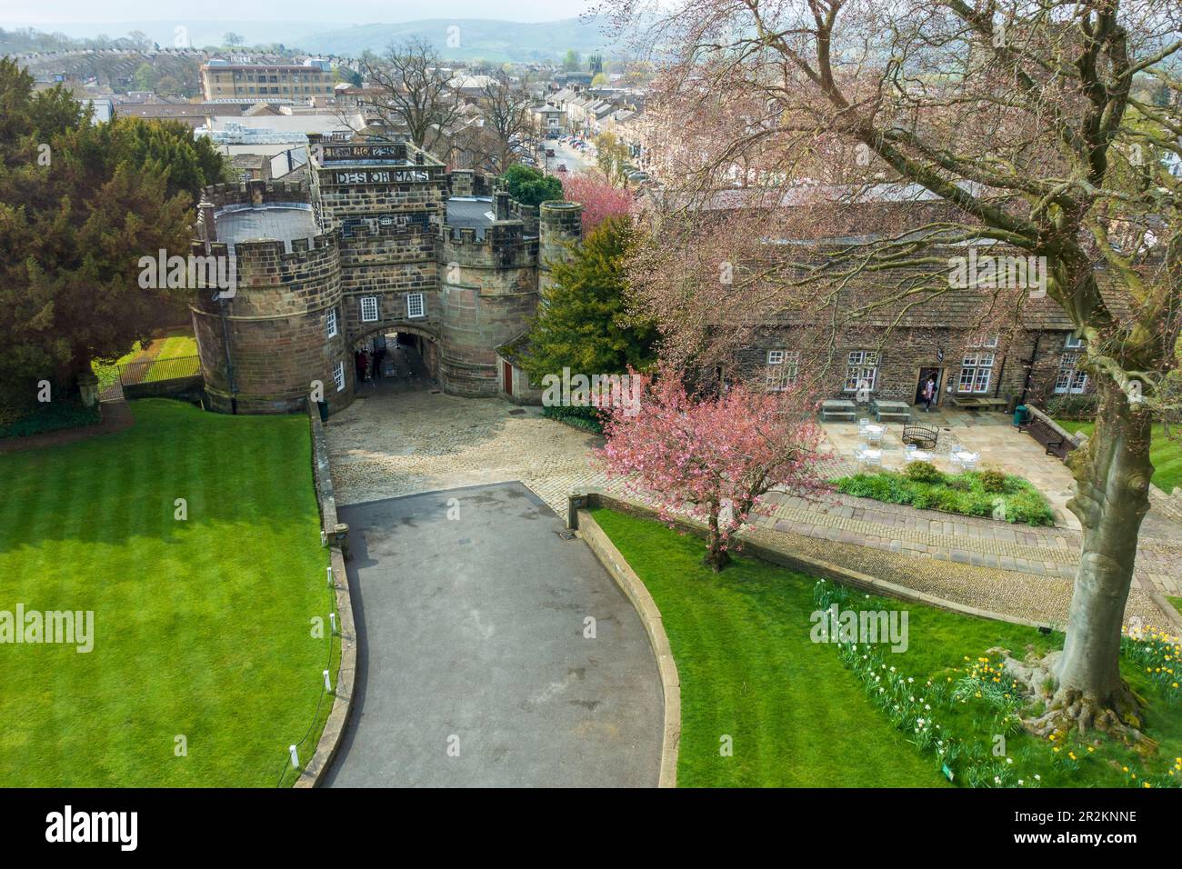 Elevated view of Gatehouse and driveway at Skipton Castle in Skipton, North Yorkshire, England, UK Stock Photo
