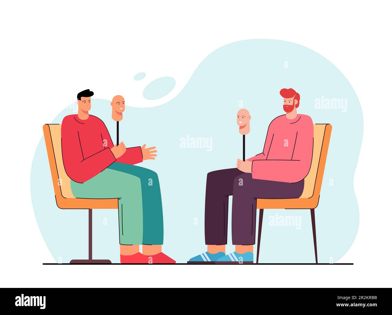 Two cartoon men taking off their masks, becoming sincere Stock Vector
