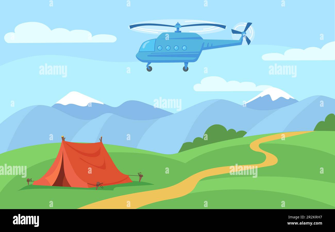 Helicopter flying over tent standing alone on forest path Stock Vector ...
