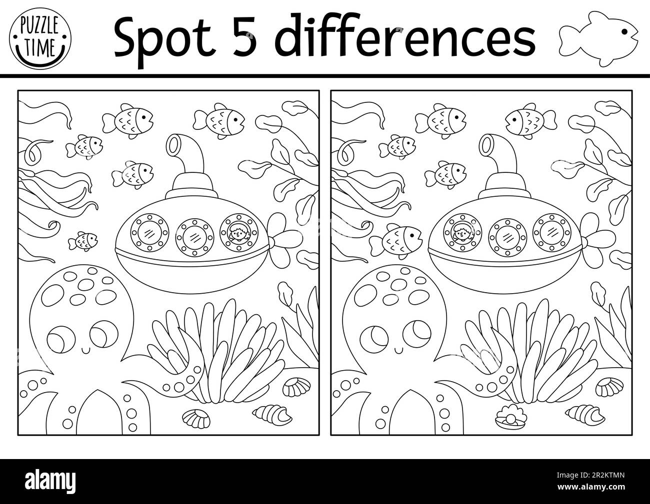 Find differences game for children. Black and white educational activity  with cute crab, sponge, sea landscape. Ocean life line puzzle for kids with  b Stock Vector Image & Art - Alamy