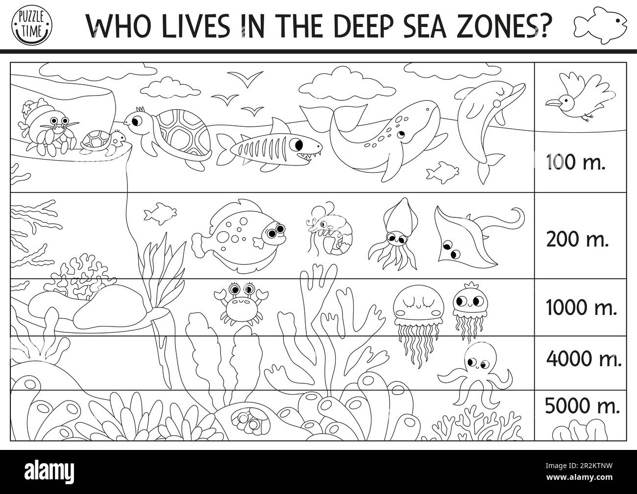 Vector black and white under the sea landscape illustration. Ocean life line scene poster with animals. Educational water nature background or colorin Stock Vector