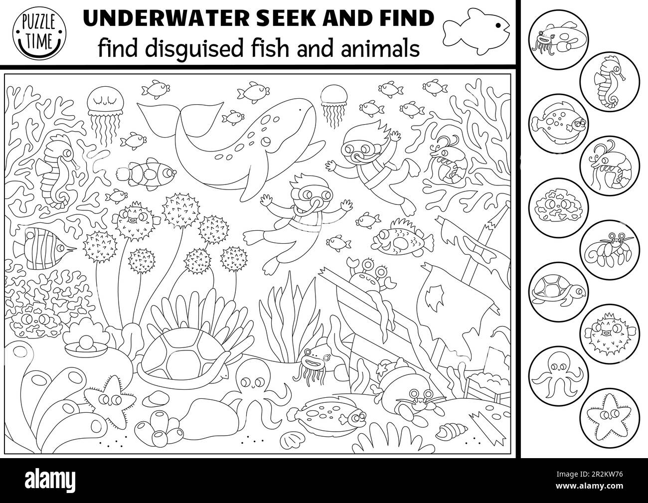 Vector black and white under the sea searching game with sea landscape