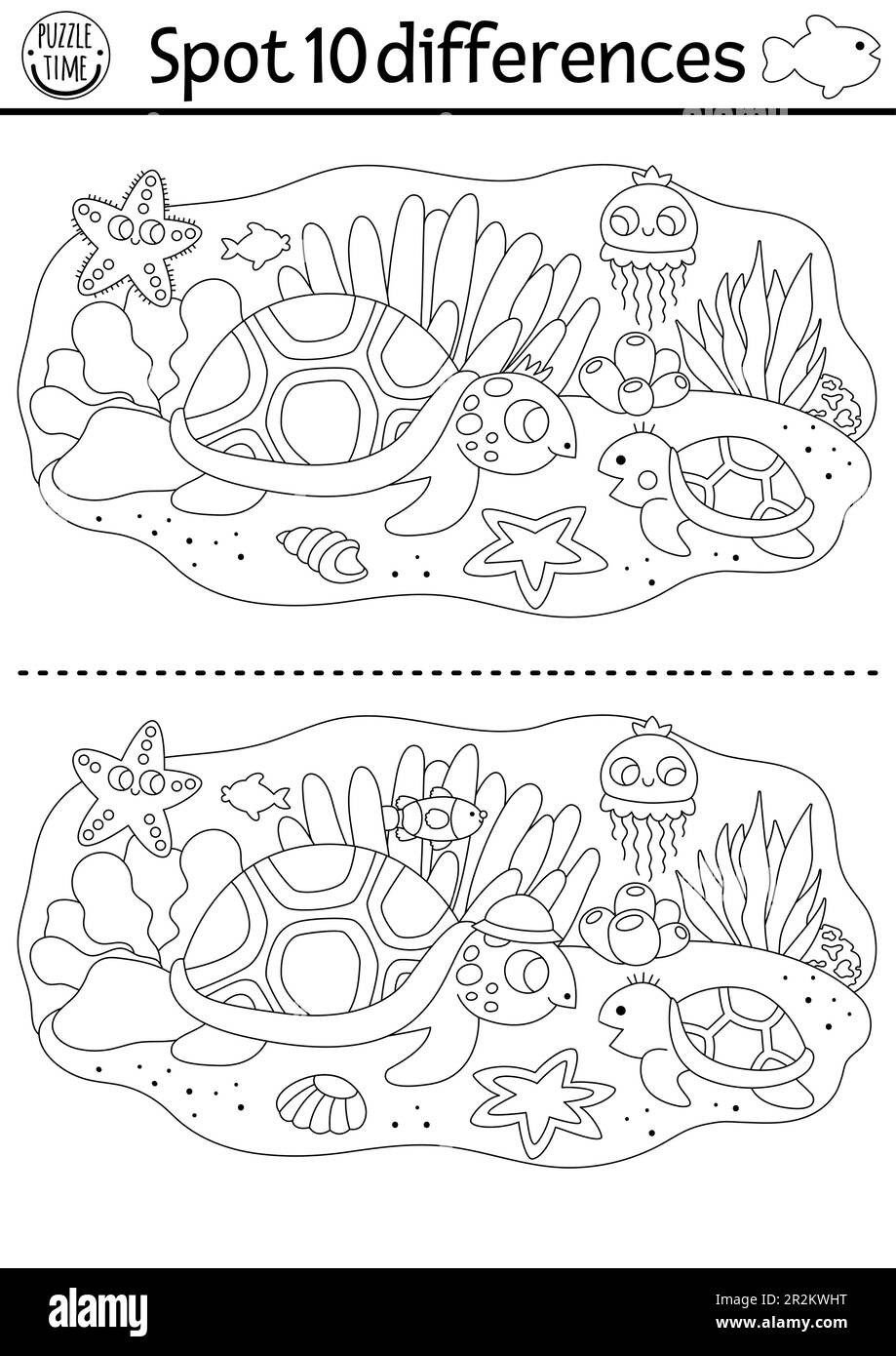 Find differences game for children. Black and white educational activity with cute tortoise, baby and sea landscape. Ocean life line puzzle for kids w Stock Vector