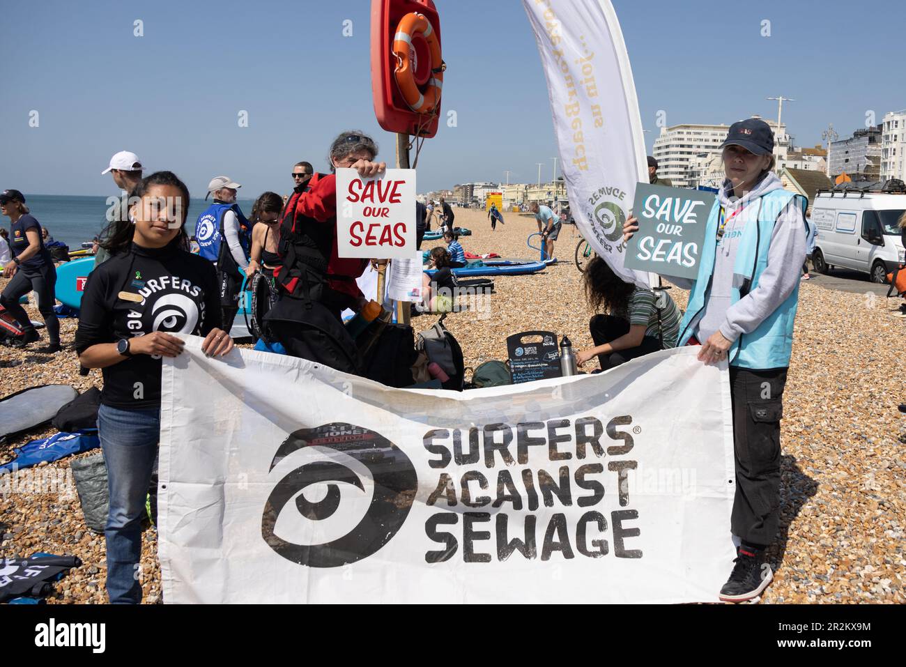 Hove Beach, City of Brighton & Hove, East Sussex, UK. Environmental group, Surfers Against Sewage and Brighton Explorers Club organize a protest on Hove beach against the water companies and pollution of the UKs waters for safe bathing and marine conservation. 20th May 2023 Credit: David Smith/Alamy Live News Stock Photo