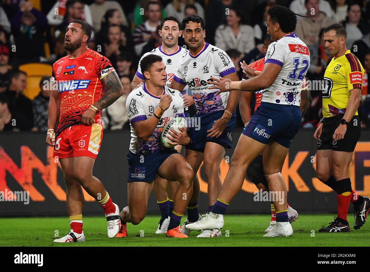 Will Warbrick of the Storm scores a try during the NRL Round 12 match  between the Redcliffe Dolphins and the Melbourne Storm at Suncorp Stadium  in Brisbane, Saturday, May 20, 2023. (AAP