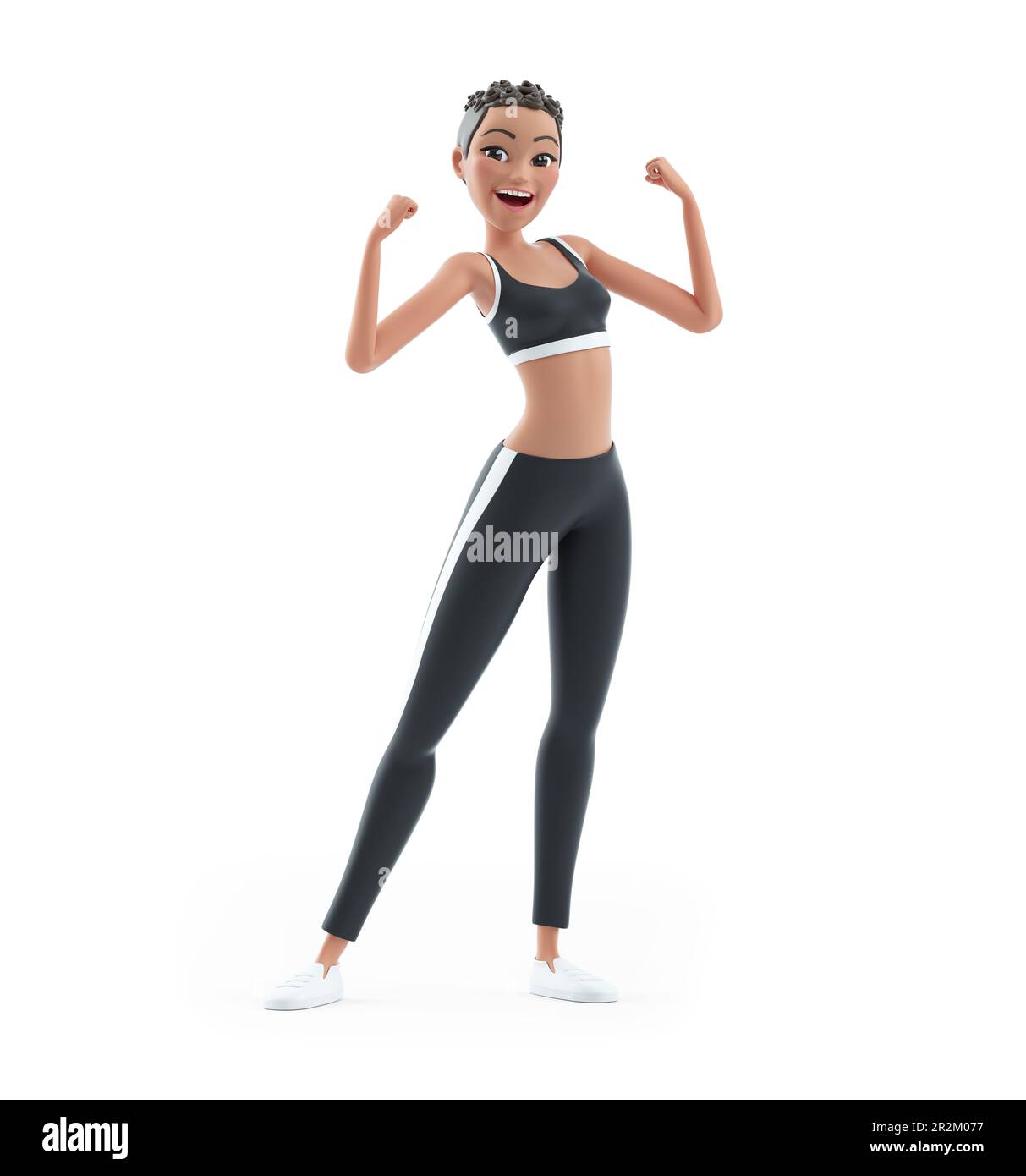 3d sporty character woman flexing arm muscles, illustration isolated on