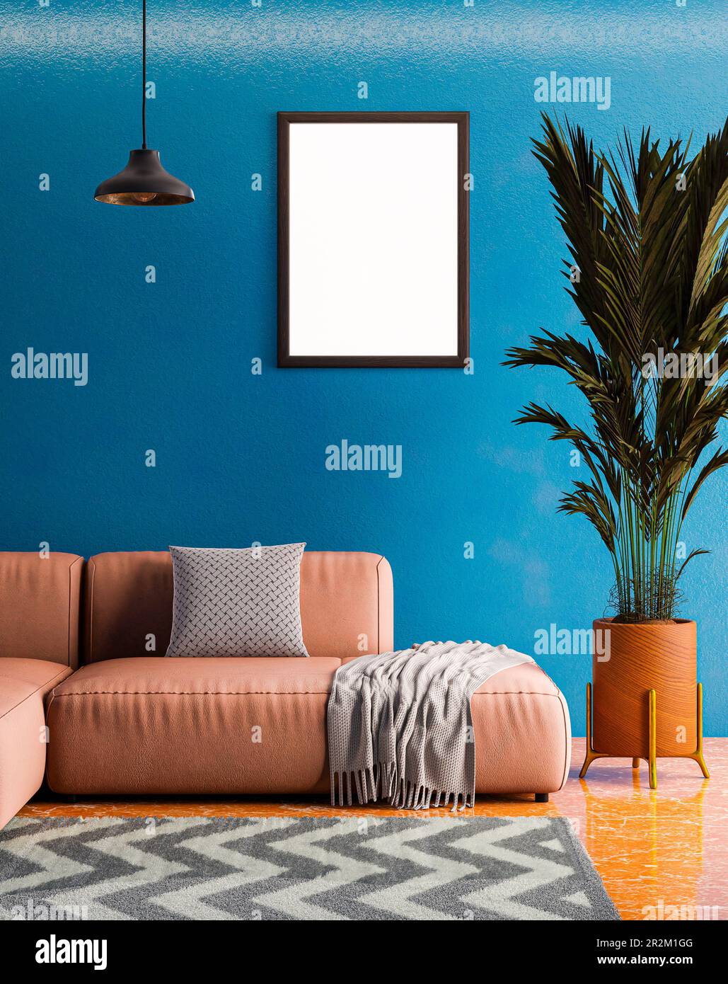 Empty photo frame mockup hanging on blue wall background Stock Photo