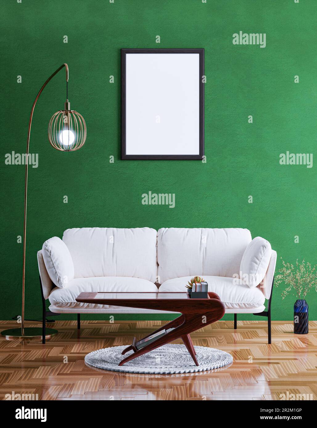 Empty photo frame mockup hanging on green wall background Stock Photo