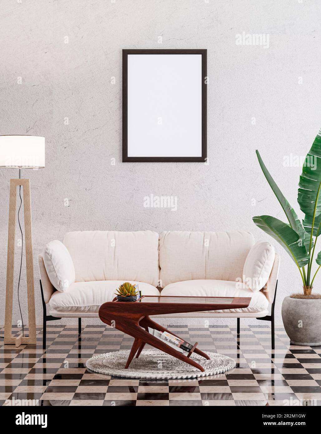 Empty photo frame mockup hanging on white wall background Stock Photo