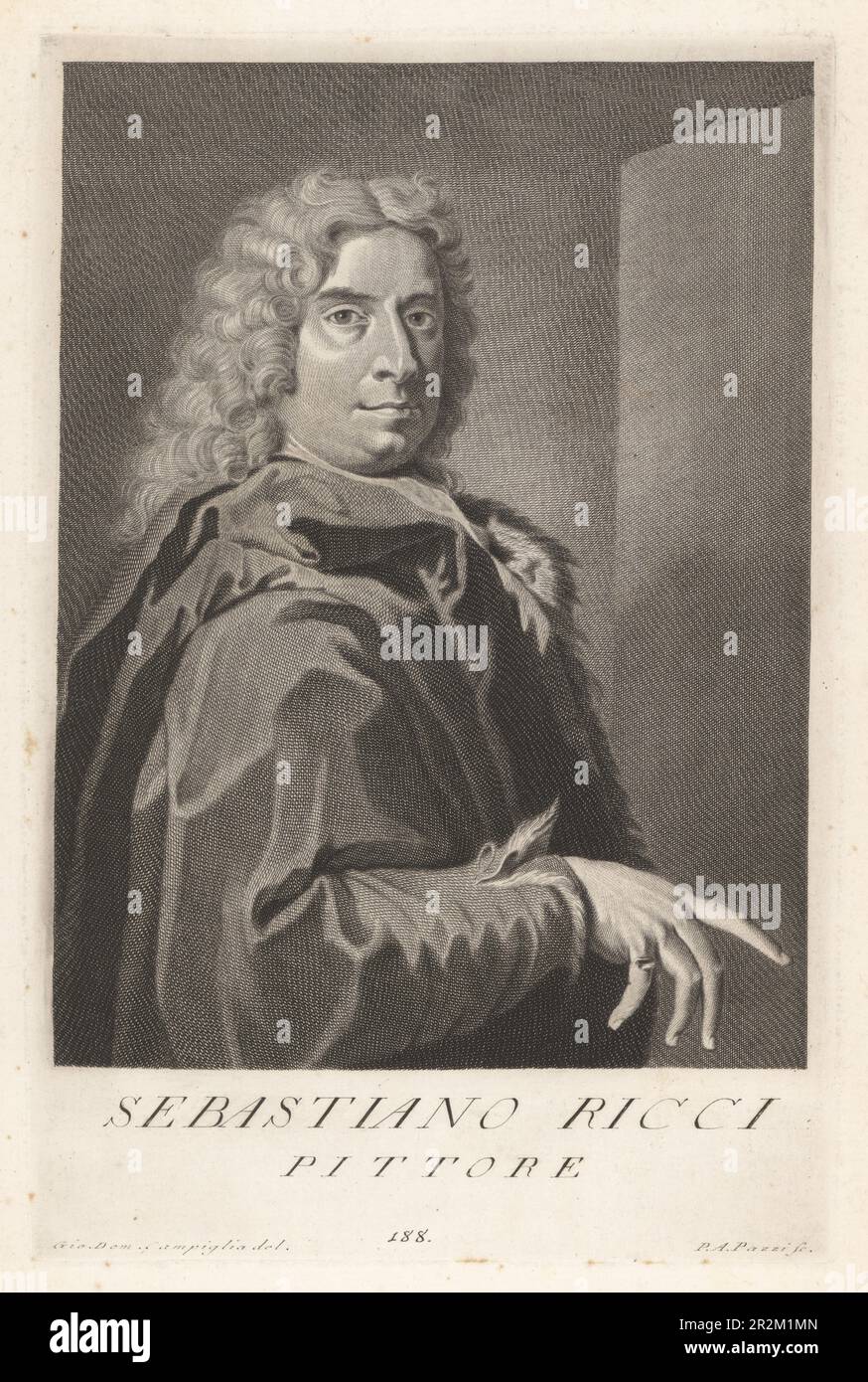 Sebastiano Ricci, Italian painter of the late Baroque school of Venice, 1659-1734. Late Cortonesque style of grand manner fresco painting. Pittore. Copperplate engraving by Pietro Antonio Pazzi after Giovanni Domenico Campiglia after a self portrait by the artist from Francesco Moucke's Museo Florentino (Museum Florentinum), Serie di Ritratti de Pittori (Series of Portraits of Painters) stamperia Mouckiana, Florence, 1752-62. Stock Photo