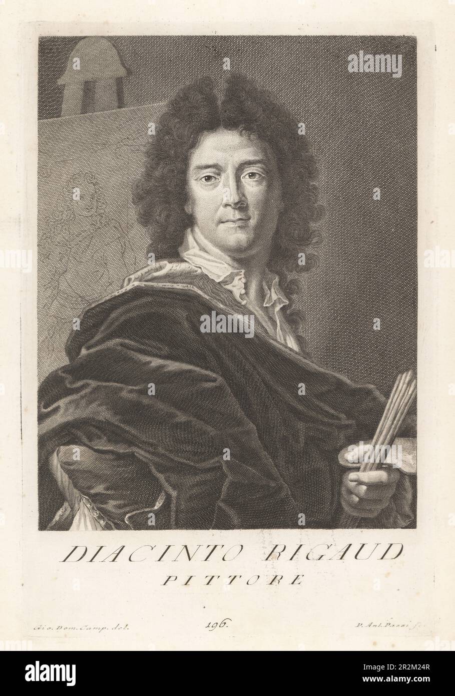 Jacint Rigau-Ros i Serra or Hyacinthe Rigaud, Catalan-French baroque painter most famous for his portraits of Louis XIV and the French nobility, 1659-1743. With palette and paintbrushes in front of canvas and easel. Diacinto Rigaud, Pittore. Copperplate engraving by Pietro Antonio Pazzi after Giovanni Domenico Campiglia after a self portrait by the artist from Francesco Moucke's Museo Florentino (Museum Florentinum), Serie di Ritratti de Pittori (Series of Portraits of Painters) stamperia Mouckiana, Florence, 1752-62. Stock Photo