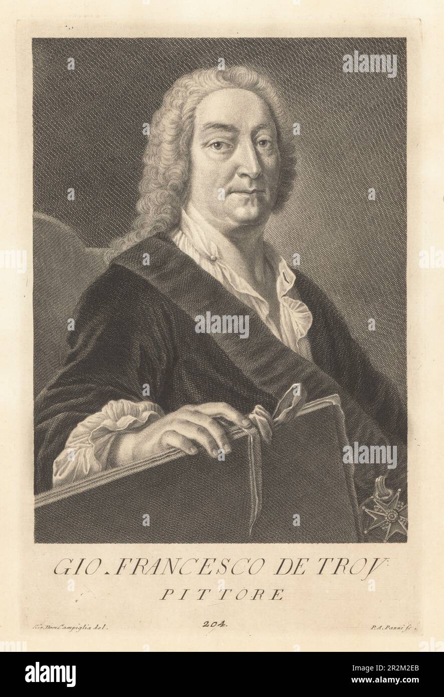 Jean-François de Troy, French Rococo easel and fresco painter, draughtsman and tapestry designer, 1679-1752. Director of the French Academy in Rome. In powdered wig with sash of the Order of St. Louis, holding a portfolio of drawings. Gio. Francesco de Troy, Pittore. Copperplate engraving by Pietro Antonio Pazzi after Giovanni Domenico Campiglia after a self portrait by the artist from Francesco Moucke's Museo Florentino (Museum Florentinum), Serie di Ritratti de Pittori (Series of Portraits of Painters) stamperia Mouckiana, Florence, 1752-62. Stock Photo