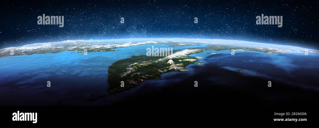 Kamchatka, landscape frome space. Elements of this image furnished by NASA. 3d rendering Stock Photo