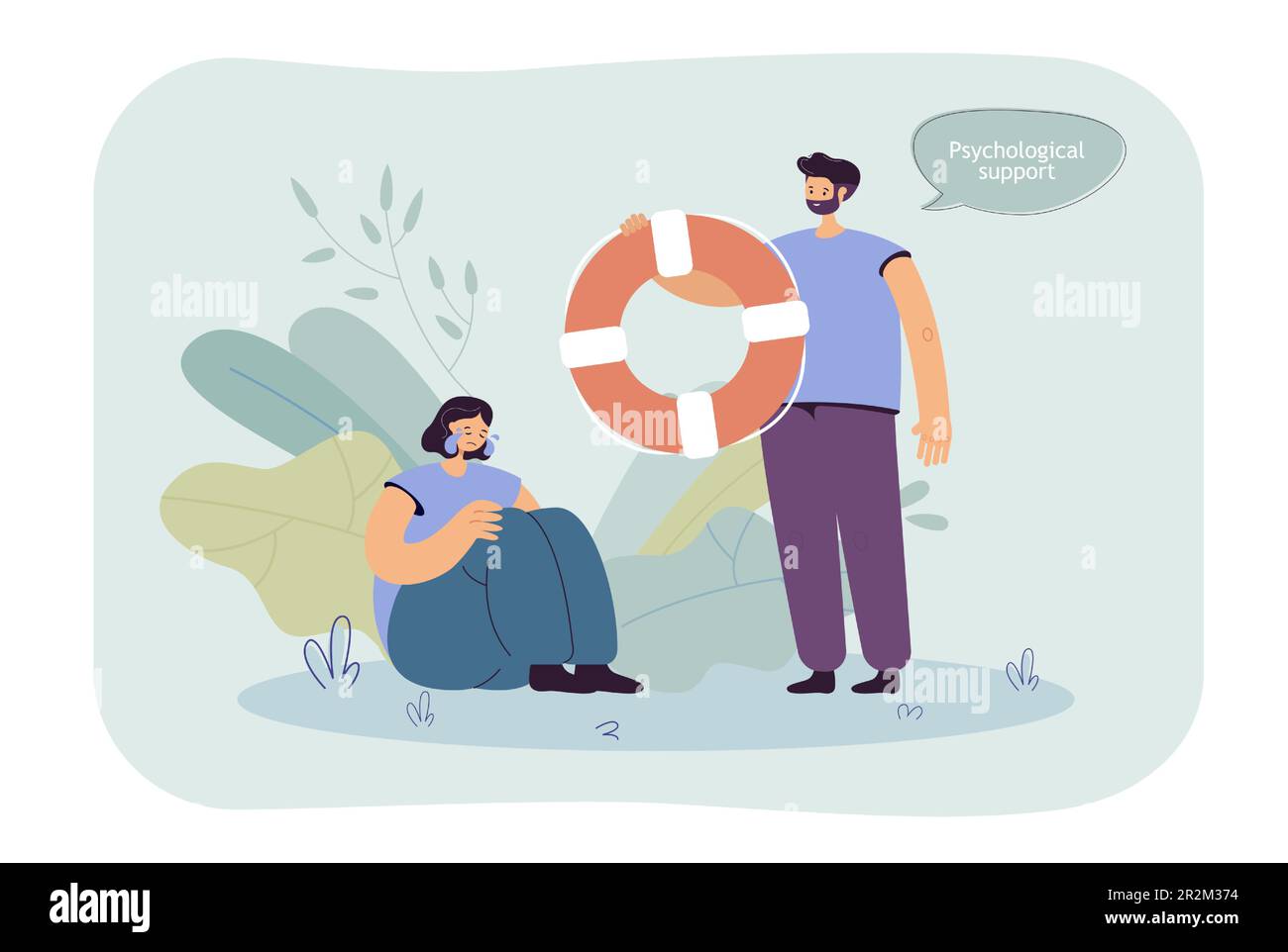Crying woman getting psychological help from man with life ring Stock ...