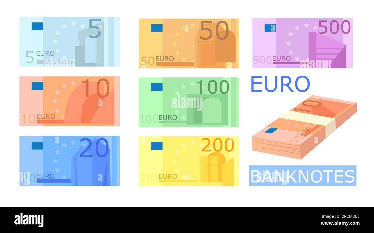 Different colorful euro banknotes vector illustrations set Stock Vector