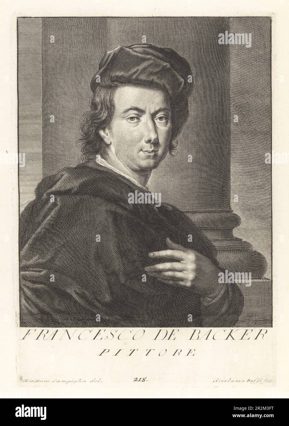 Franz de Backer, Flemish painter and graphic artist, representative of the post-Rubensian Flemish Baroque, c.1680-1750. Court painter to Elector Palatine Johann Wilhelm II and later Cosimo III de' Medici. Francesco de Backer, Pittore. Copperplate engraving by Girolamo Rossi after Giovanni Domenico Campiglia after a self portrait by the artist from Francesco Moucke's Museo Florentino (Museum Florentinum), Serie di Ritratti de Pittori (Series of Portraits of Painters) stamperia Mouckiana, Florence, 1752-62. Stock Photo