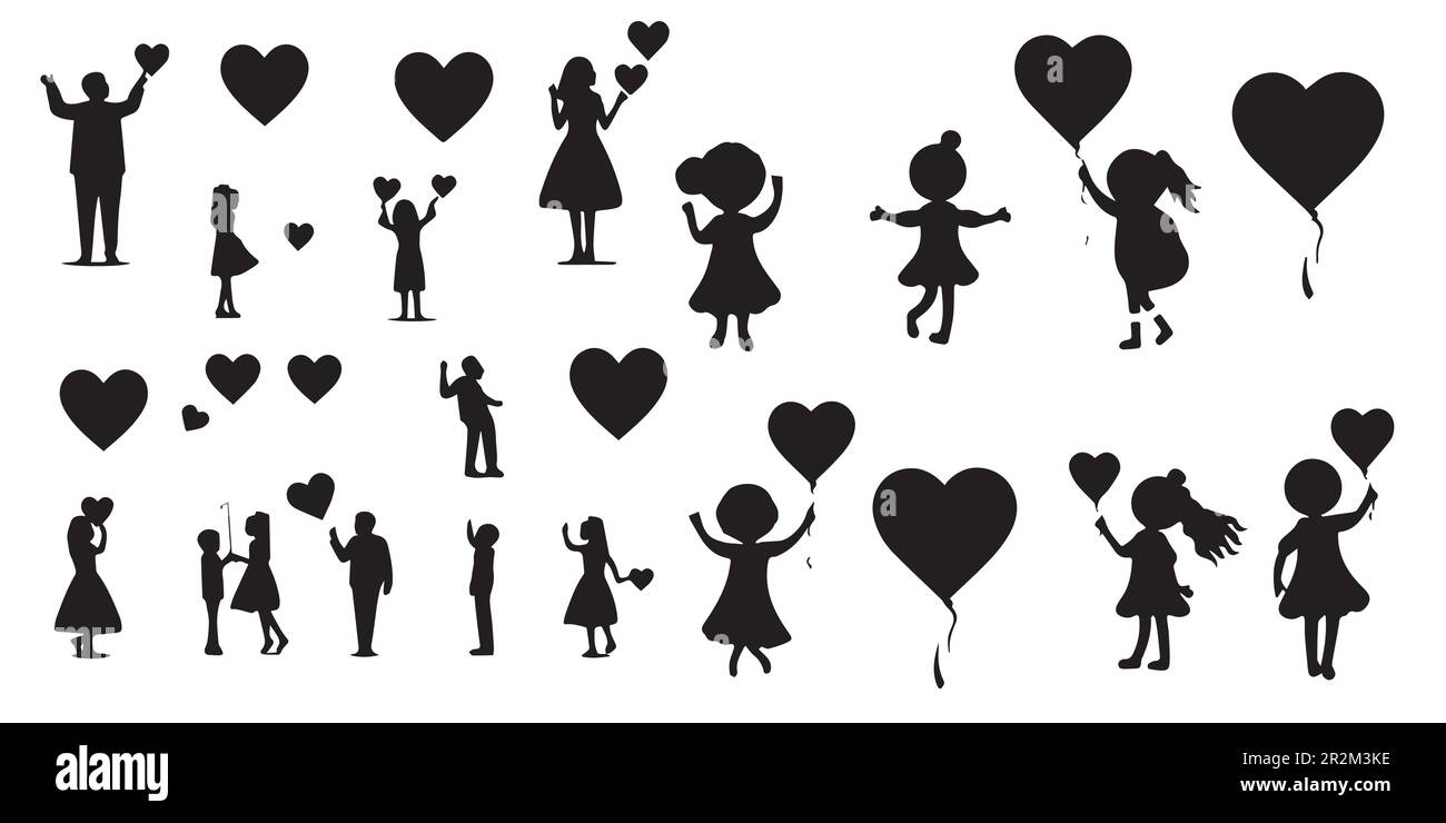 Silhouettes of people with heart-shaped balloons vector. Stock Vector