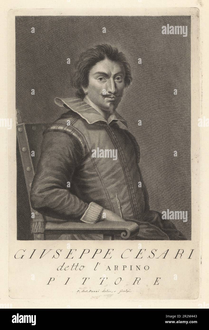 Giuseppe Cesari, Italian Mannerist painter, 1568-1640. Also called Il Giuseppino and Cavaliere d'Arpino when knighted by his patron Pope Clement VIII. In doublet and collar seated in a chair holding a pen. Detto l'Arpino, Pittore. Copperplate engraving drawn and engraved by Pietro Antonio Pazzi after a self portrait by the artist from Francesco Moucke's Museo Florentino (Museum Florentinum), Serie di Ritratti de Pittori (Series of Portraits of Painters) stamperia Mouckiana, Florence, 1752-62. Stock Photo