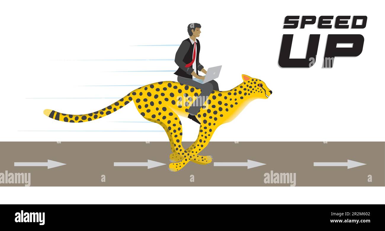 Man with laptop riding on fast running cheetah. Text speed up. Vector illustration. Stock Vector