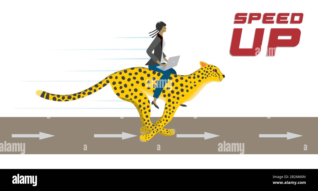 Woman with laptop riding fast on running cheetah. Text speed up. Vector illustration. Stock Vector
