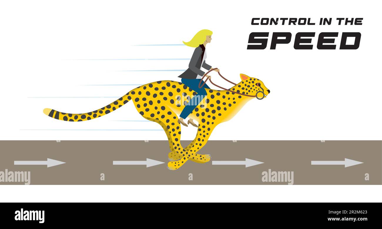 Woman riding on fast running cheetah. Steering the fast animal with reins. Text control in the speed. Vector illustration. Stock Vector