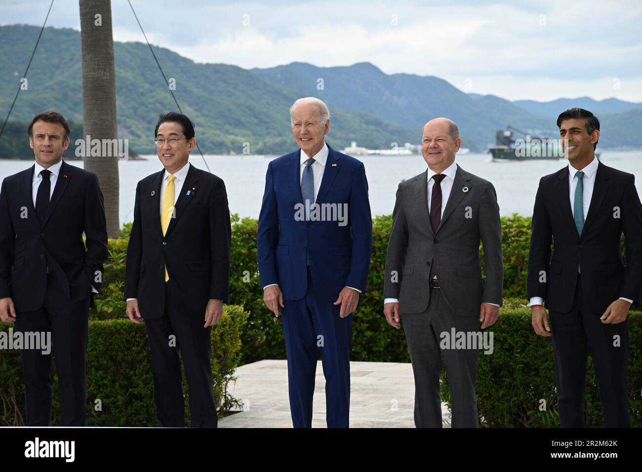 Hiroshima, Japan. 20th May, 2023. Members of the Group of Seven leaders pose together for the official family photo on the second day of the G7 Summit at the Grand Prince Hotel, May 20, 2023 in in Hiroshima, Japan. Standing from left: French President Emmanuel Macron, Japan Prime Minister Fumio Kishida, U.S. President Joe Biden, German Chancellor Olaf Schotz, and British Prime Minister Rishi Sunak. Credit: Pool Photo/G7 Hiroshima/Alamy Live News Stock Photo