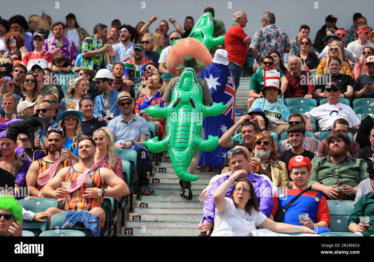 Fans with inflatables in the stands during the HSBC World Rugby Sevens Series at Twickenham Stadium, London. Picture date: Saturday May 20, 2023. Stock Photo