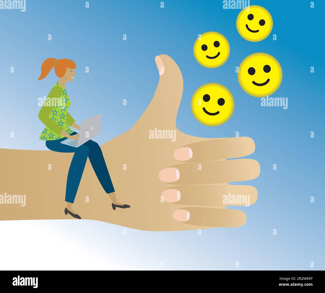 Woman with laptop sitting on hand with okay sign, sending smiles. Appreciations. Vector illustration. Stock Vector