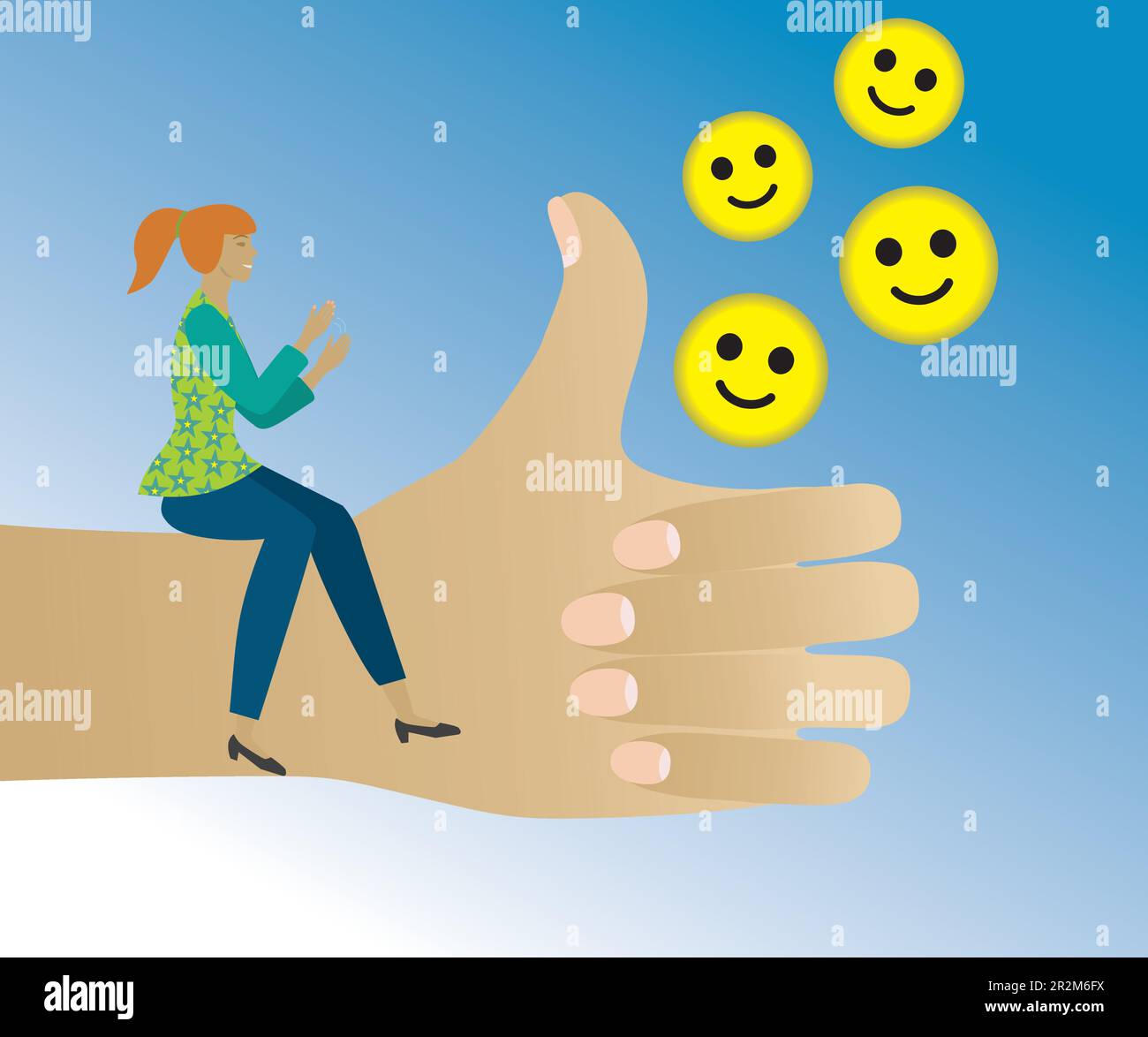 Woman sitting on hand with thumbs up, applauding and sending yellow appreciation smileys. Vector illustration. Stock Vector