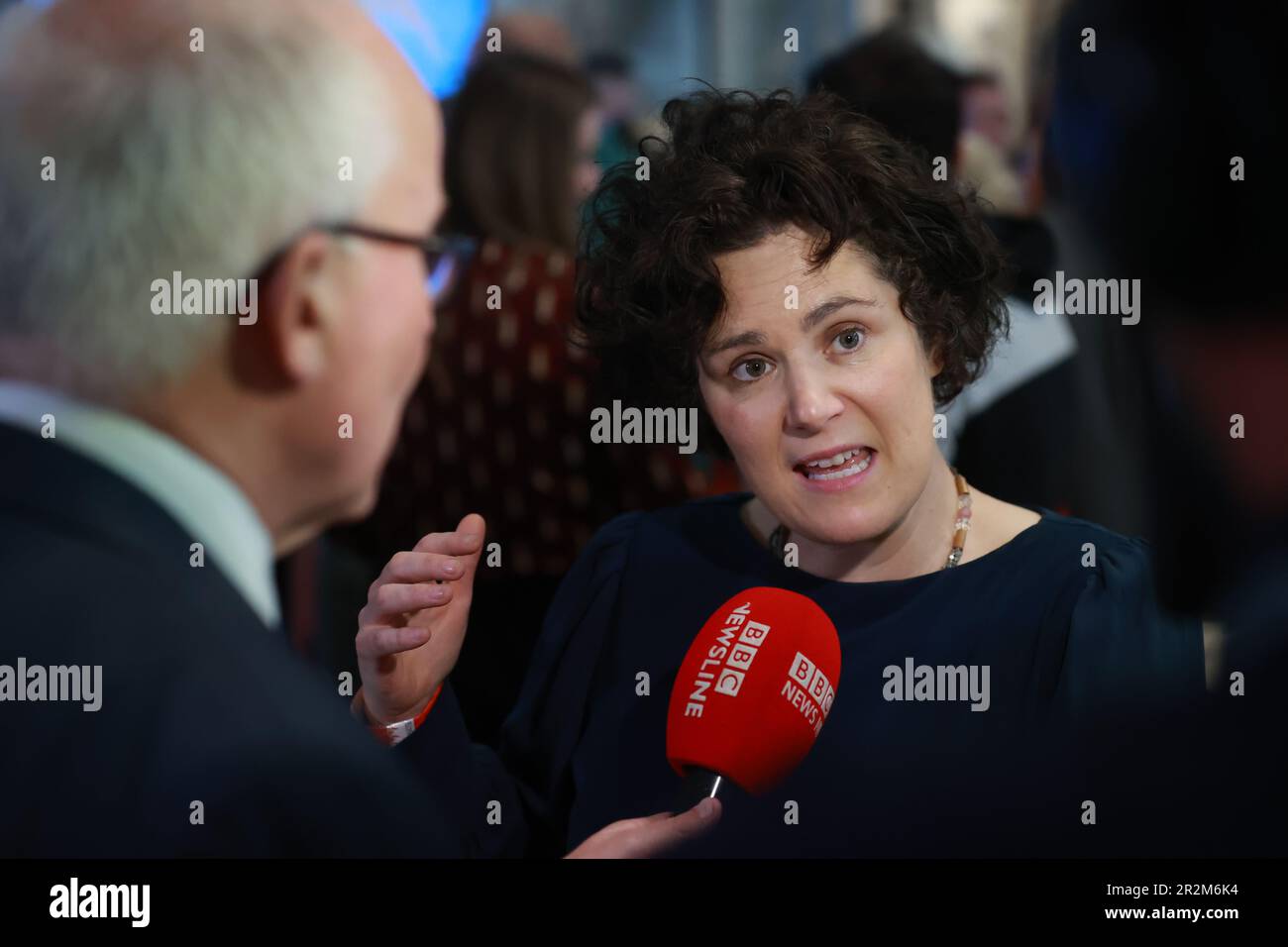 SDLP deputy leader Claire Hanna speaking to the media at Belfast City Hall during in the Northern Ireland council elections. Picture date: Saturday May 20, 2023. Stock Photo