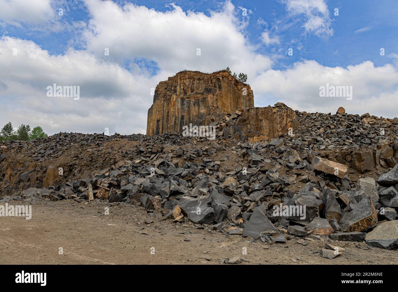 Geologic basalt rock formation. Basalt quarry. Columnar basalt quarry