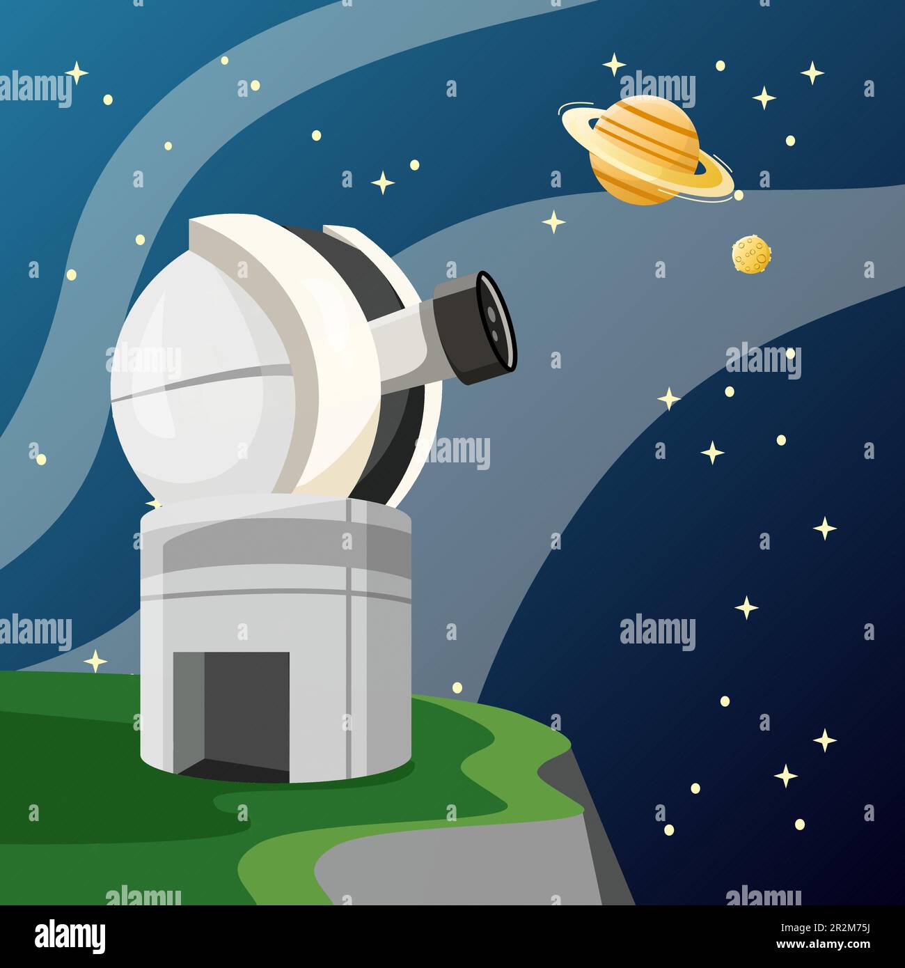 Observatory illustration. Building, stars, telescope, saturn. Editable vector graphic design. Stock Vector