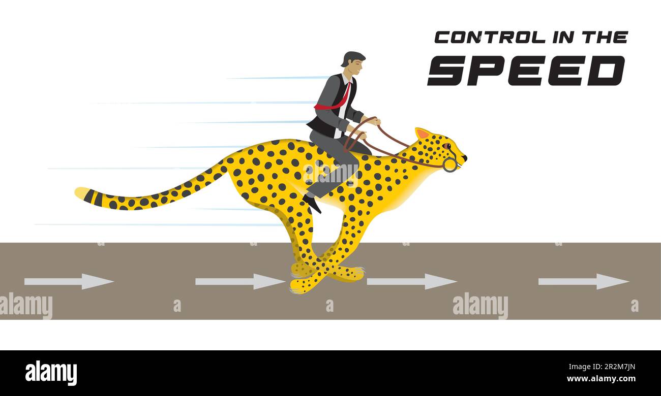 Man riding on fast running cheetah. Steering the fast animal with reins. Text control in the speed. Vector illustration. Stock Vector