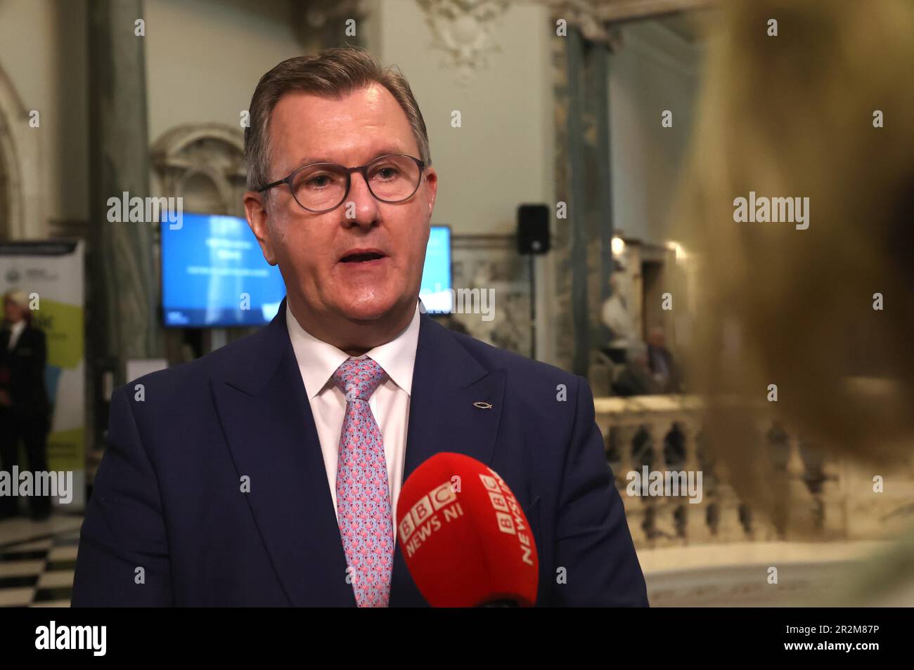 DUP leader Sir Jeffrey Donaldson speaking to the media at Belfast City Hall during in the Northern Ireland council elections. Picture date: Saturday May 20, 2023. Stock Photo