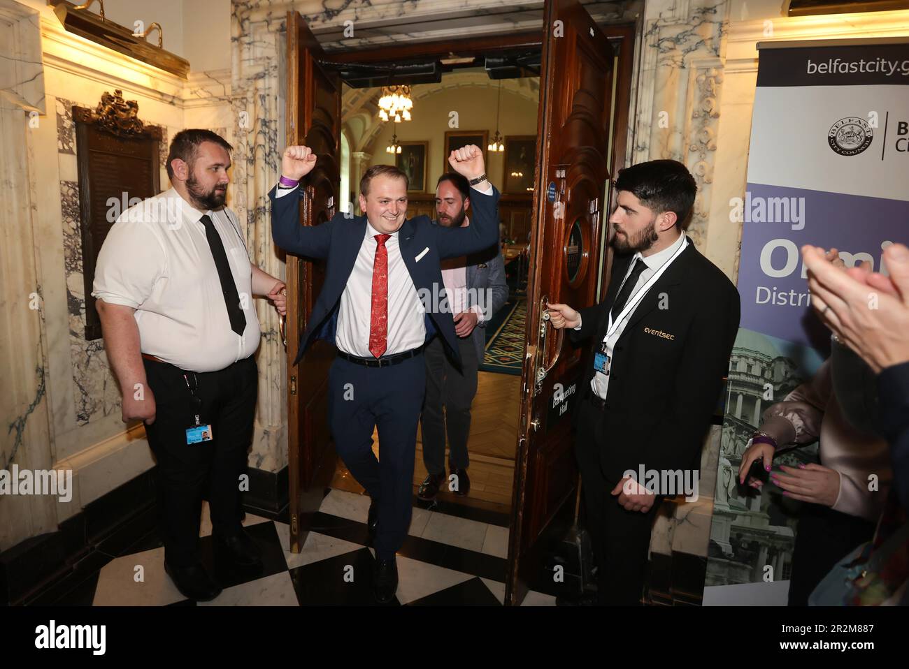 James Lawlor from the DUP who has won a seat in Ormiston at Belfast City Hall during in the Northern Ireland council elections. Picture date: Saturday May 20, 2023. Stock Photo