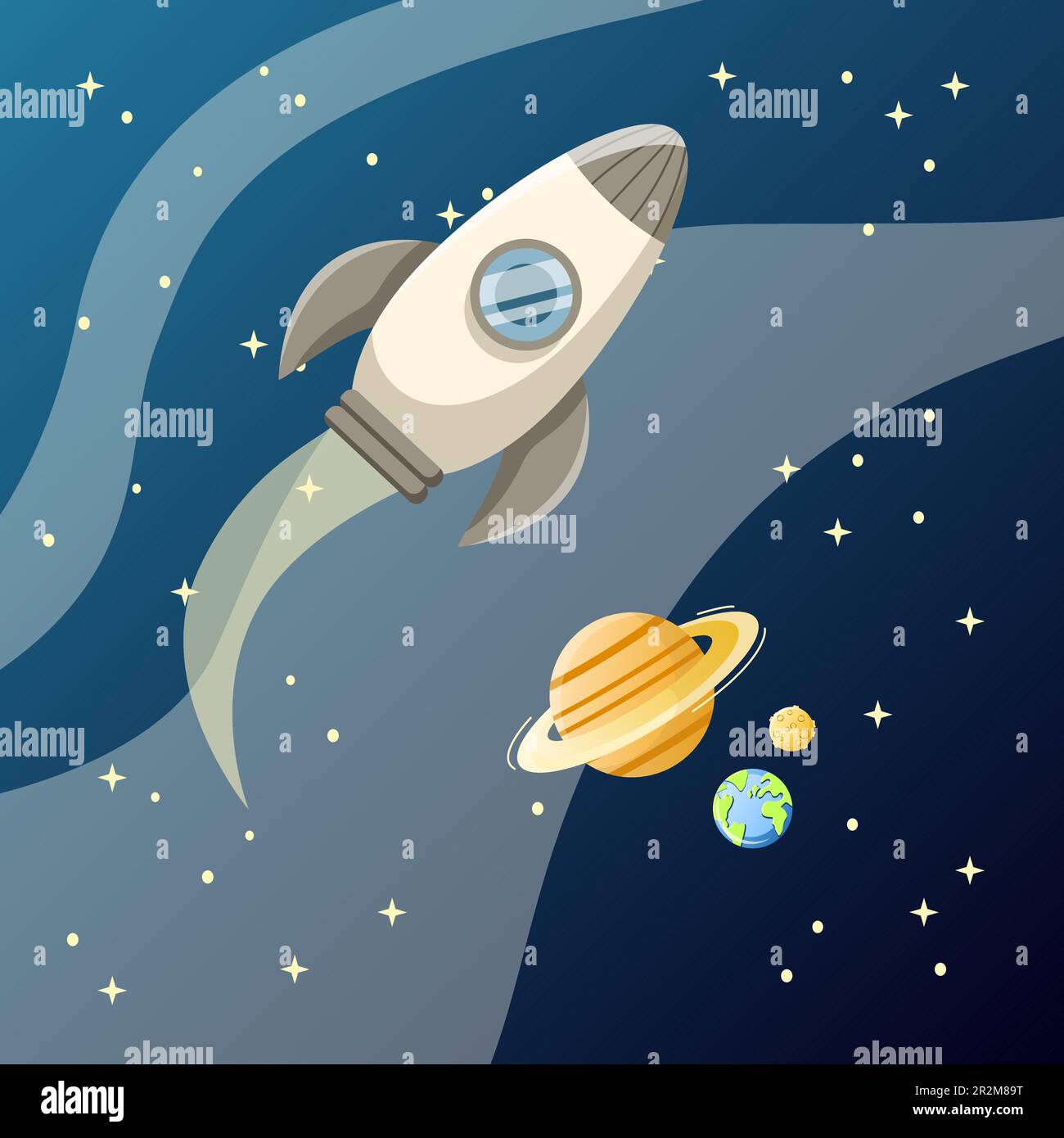 Space ship illustration. Rocket, stars, saturn, earth, moon. Editable vector graphic design. Stock Vector