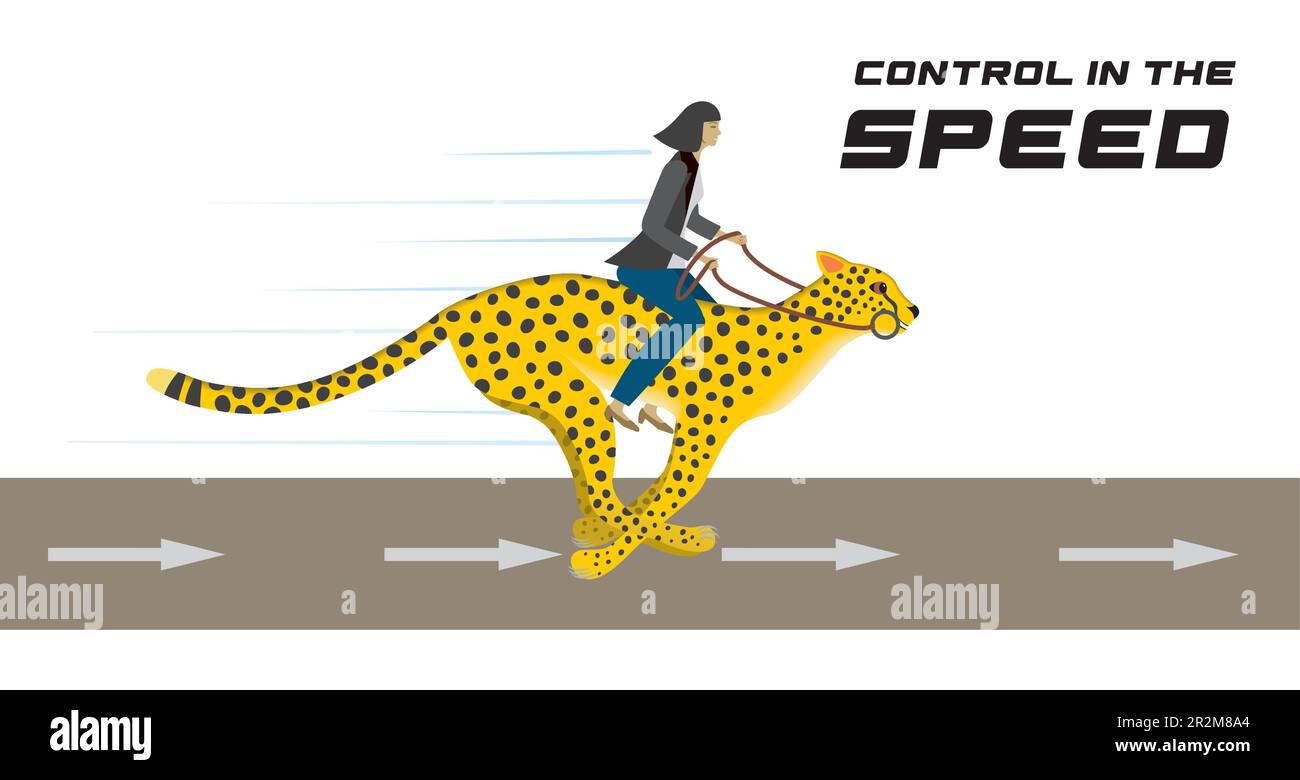 Woman riding fast on running cheetah, steering the animal with reins. Text control in the speed. Vector illustration. Stock Vector