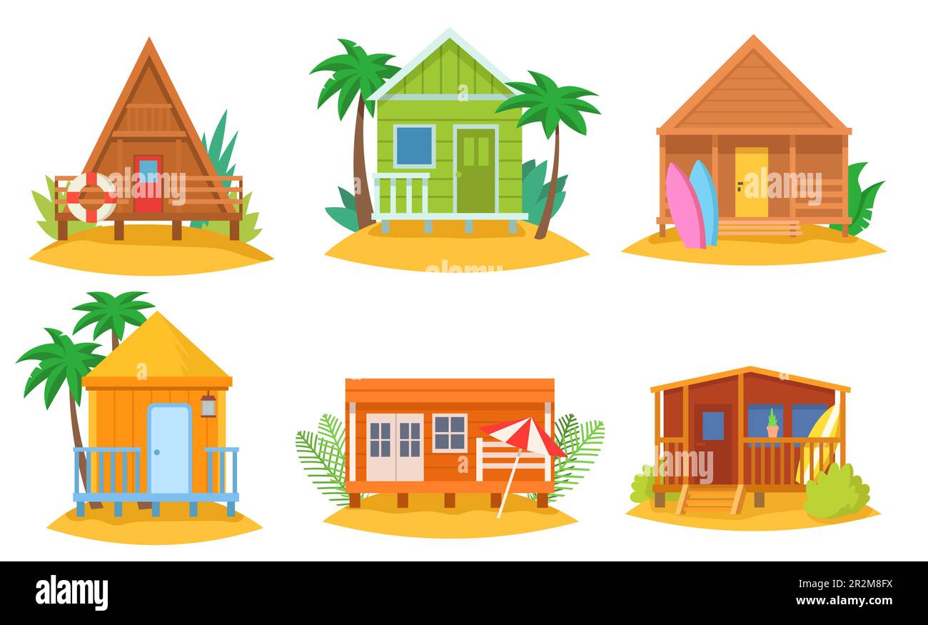 Tropical houses vector cartoon illustrations set Stock Vector Image
