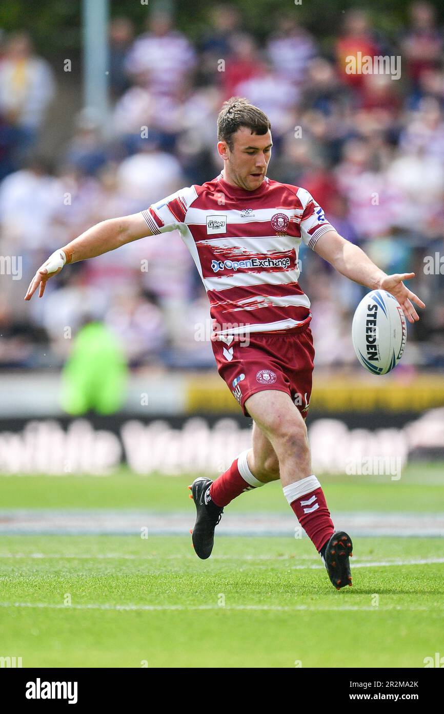 Leeds, England 20th May 2023 Harry Smith of Wigan Warriors kicks. Rugby League Betfred