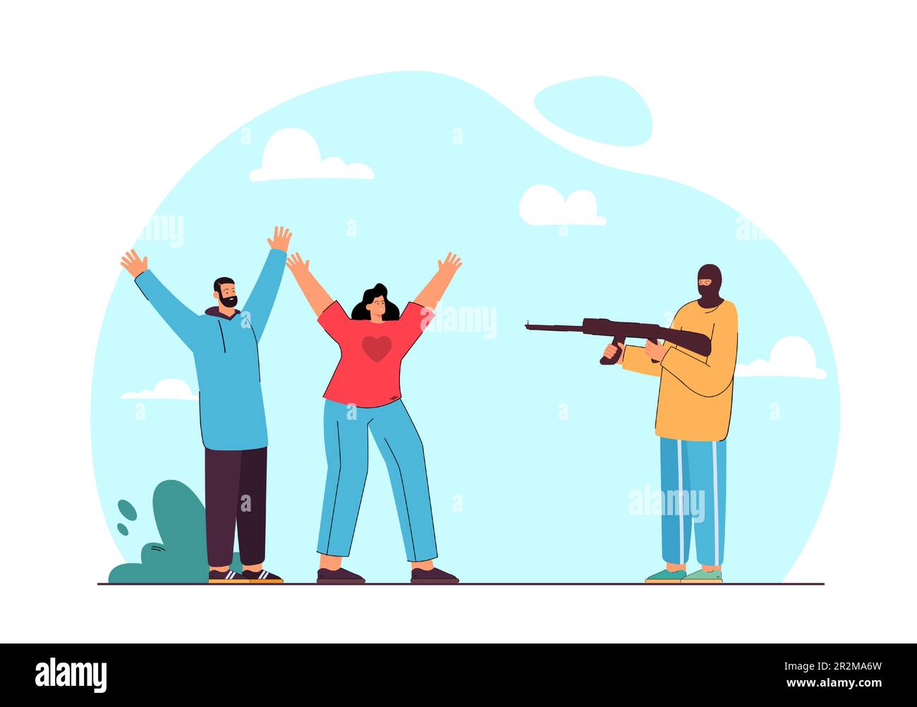 Criminal pointing gun at man and woman flat vector illustration Stock Vector